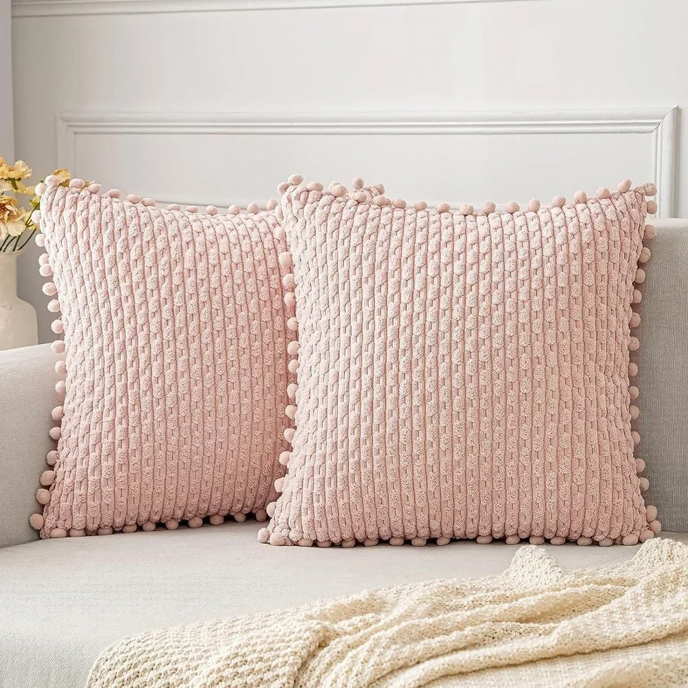 Pompom Pink Stripe Texture Corduroy Farmhouse Cute Luxury Soft Pillow Cover Set
